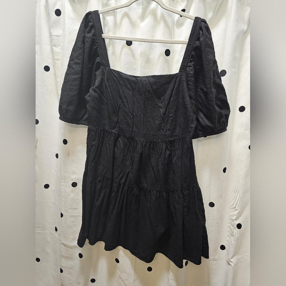 House of Harlow 1960 black smocked‎ short peasant style dress large